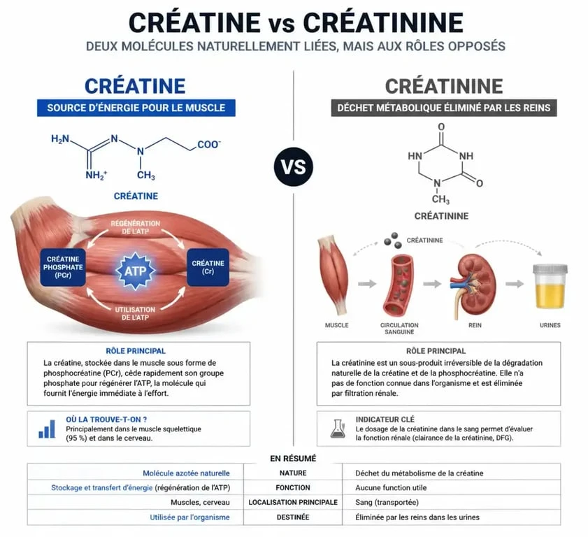 Infographie explicative sur la différence entre créatine et créatinine pour la santé