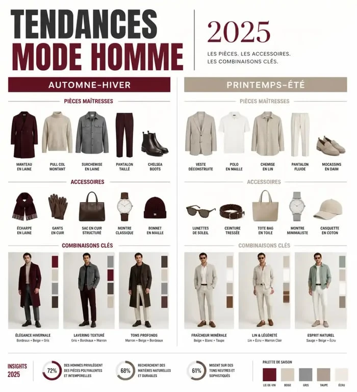 Infographie des tendances mode homme 2025 : looks et accessoires par saison