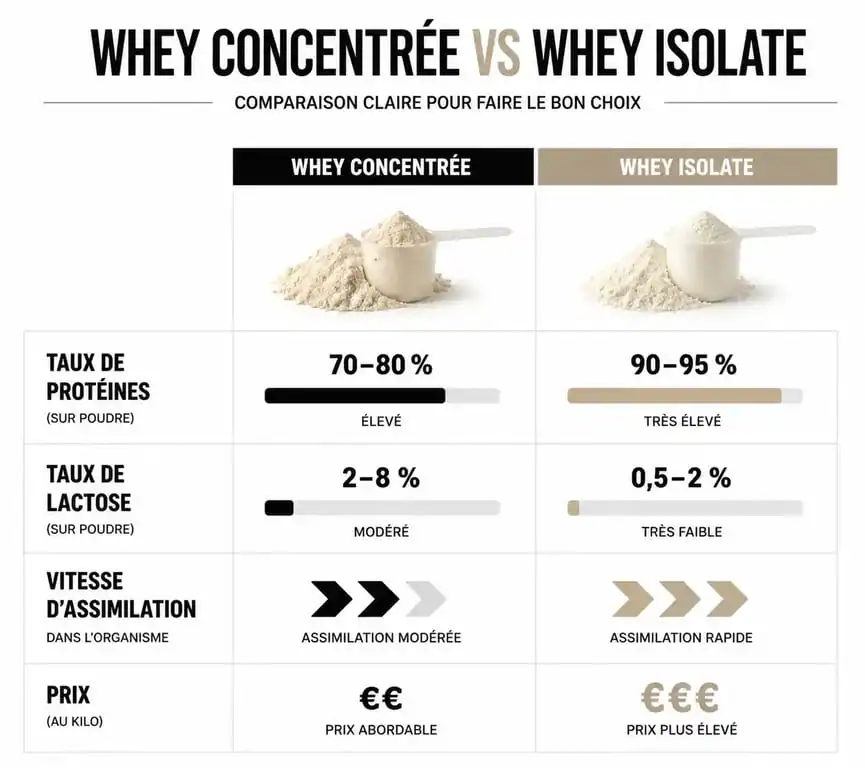 Infographie comparative des différences entre la whey concentrée et la whey isolate pour choisir sa protéine