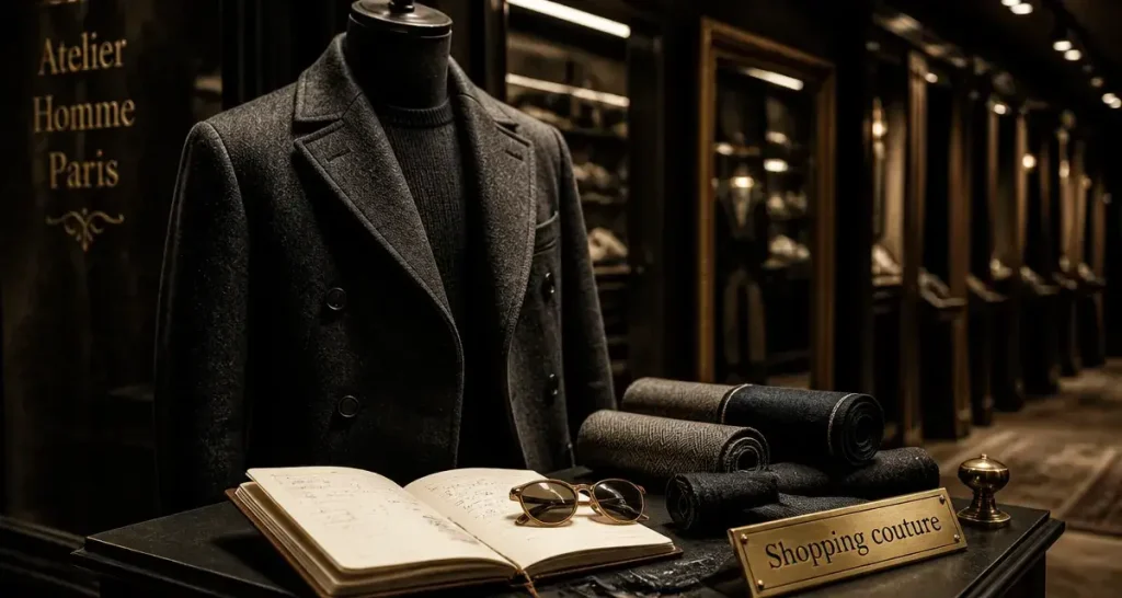 Magasin vetement homme paris : manteau laine anthracite en boutique couture