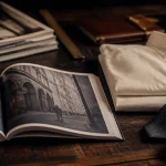 Magazine mode pour homme sur un bureau en bois, chemise ivoire et cravate anthracite