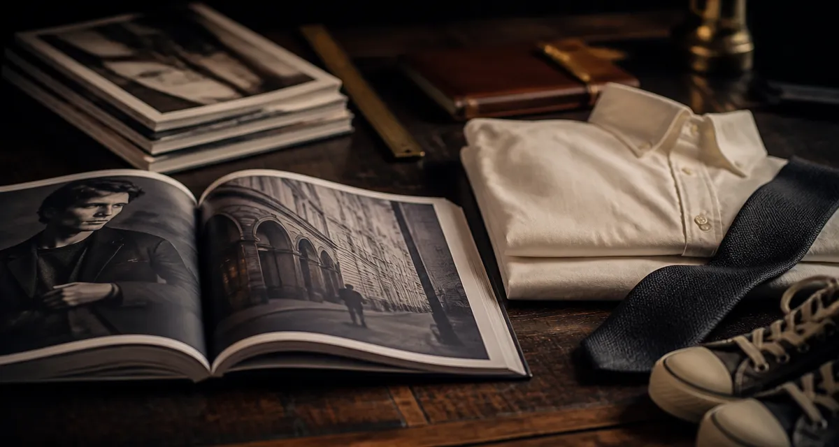 Magazine mode pour homme sur un bureau en bois, chemise ivoire et cravate anthracite