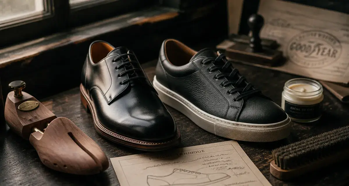 Marque de chaussure : chaussures en cuir de qualité en atelier, embauchoir et brosse