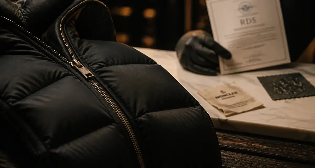 Marque de doudoune de luxe : zip métal et coutures baffle box sur doudoune noire