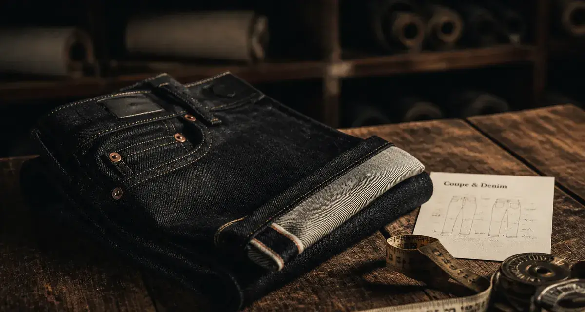 Marque jeans : denim selvedge durable en atelier, vue gros plan