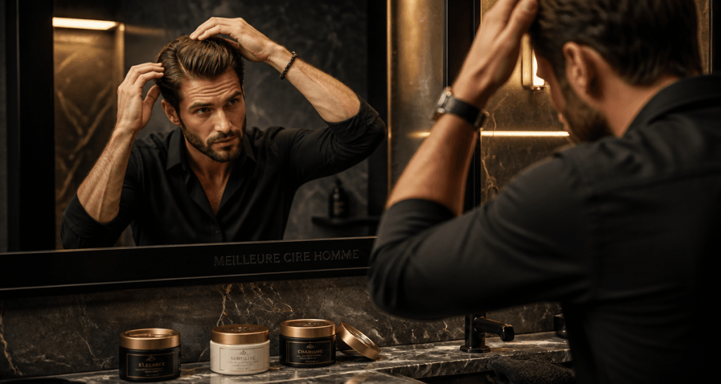 meilleur cire cheveux homme sur plan marbre salle de bain