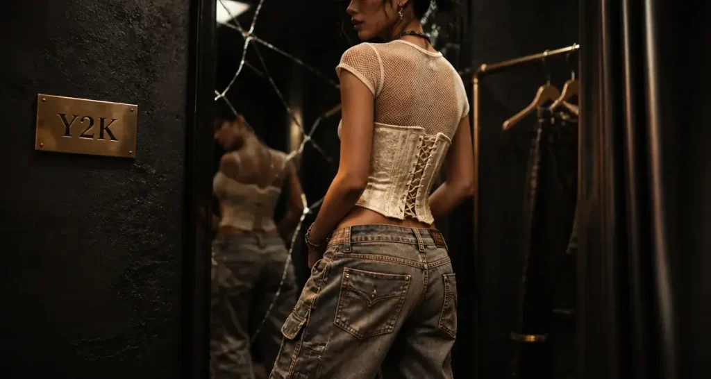 Tenue annee 2000 Y2K : jean taille basse, cargo et corset en cabine d’essayage urbaine