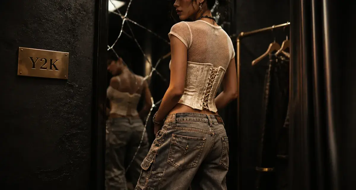 Tenue annee 2000 Y2K : jean taille basse, cargo et corset en cabine d’essayage urbaine
