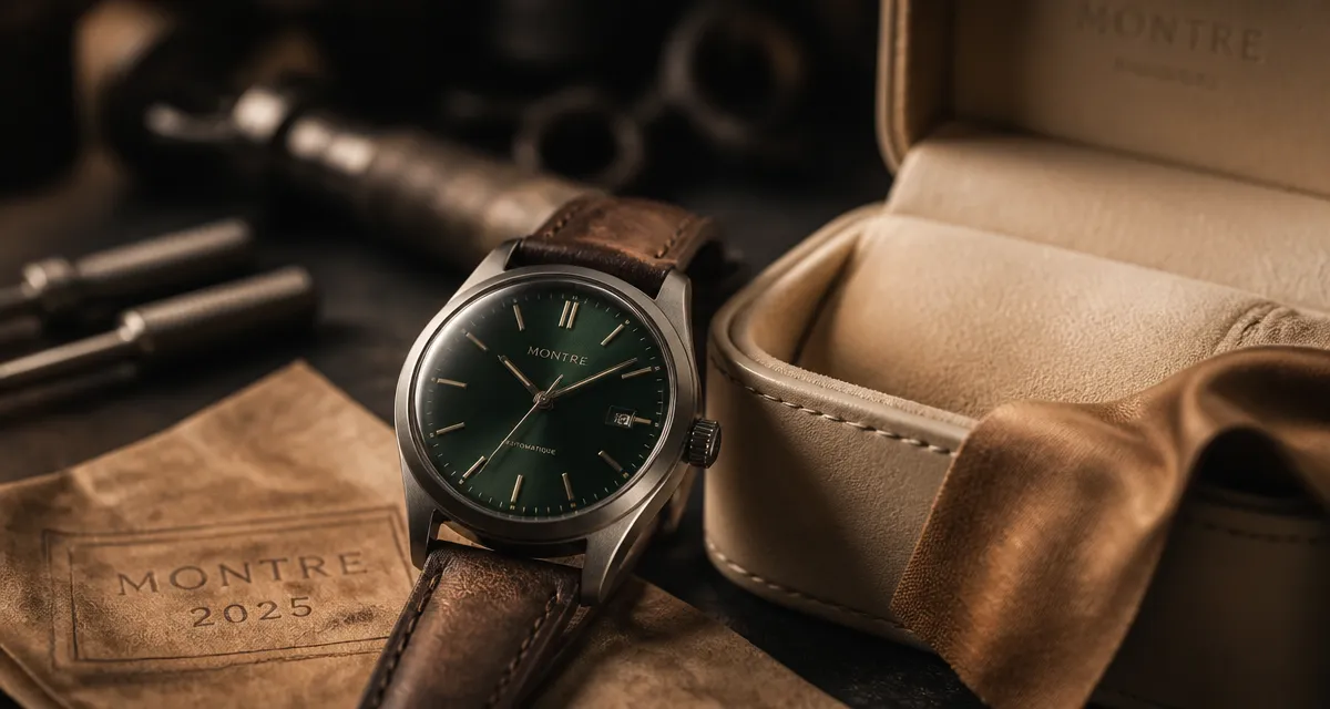 Montre homme 2025 en titane brossé, cadran vert sapin