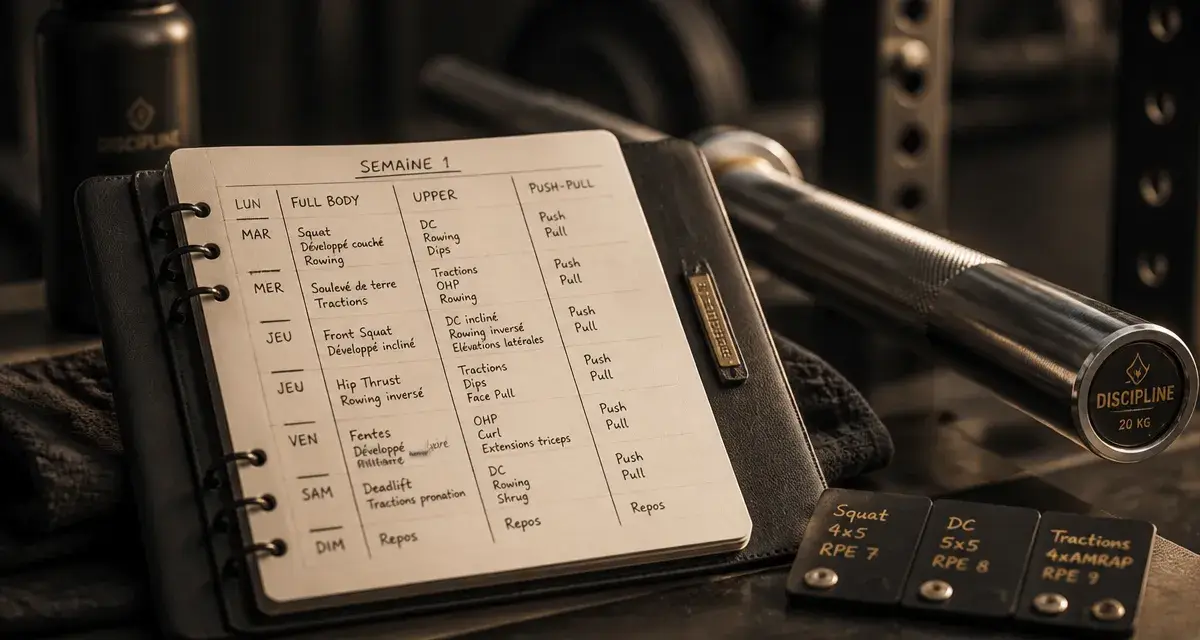 Programme musculation pour une semaine : plan Full Body sur carnet, barbell et salle de sport