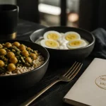 Assiette avec proteines vegetales ou animales : pois chiches et œufs