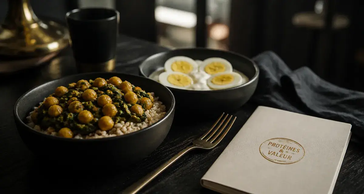 Assiette avec proteines vegetales ou animales : pois chiches et œufs