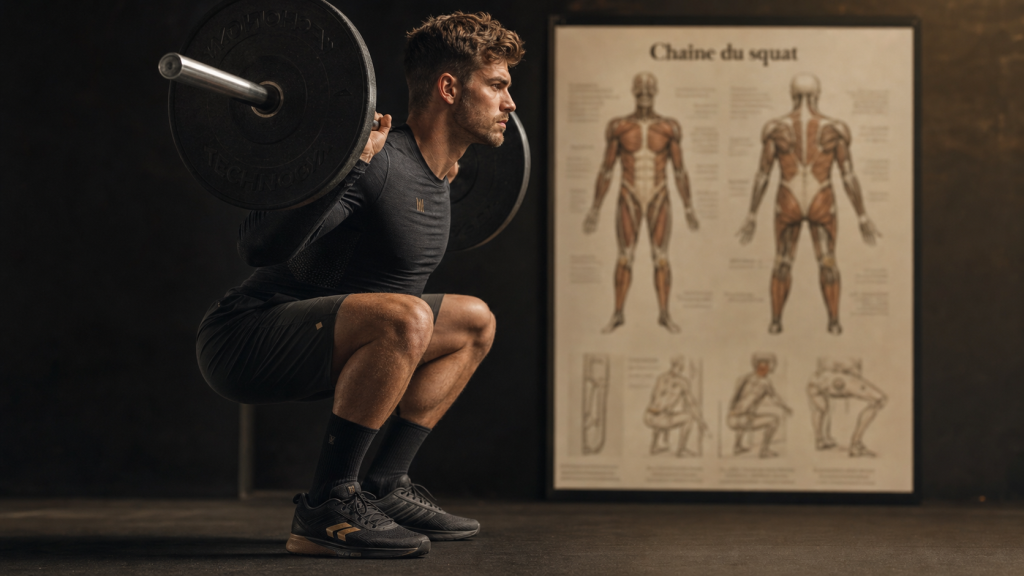 Quel muscle travaille les squat : athlète en squat, muscles des jambes et chaîne du squat