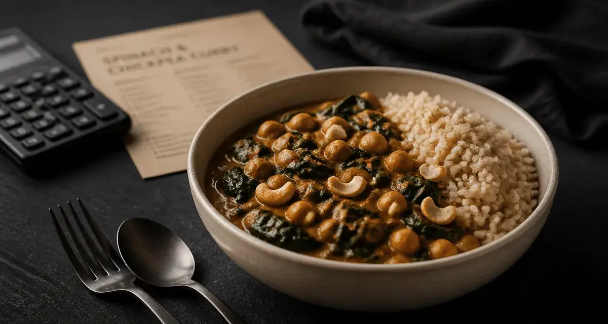Repas riche en protéine : curry de pois chiches et épinards, riz basmati