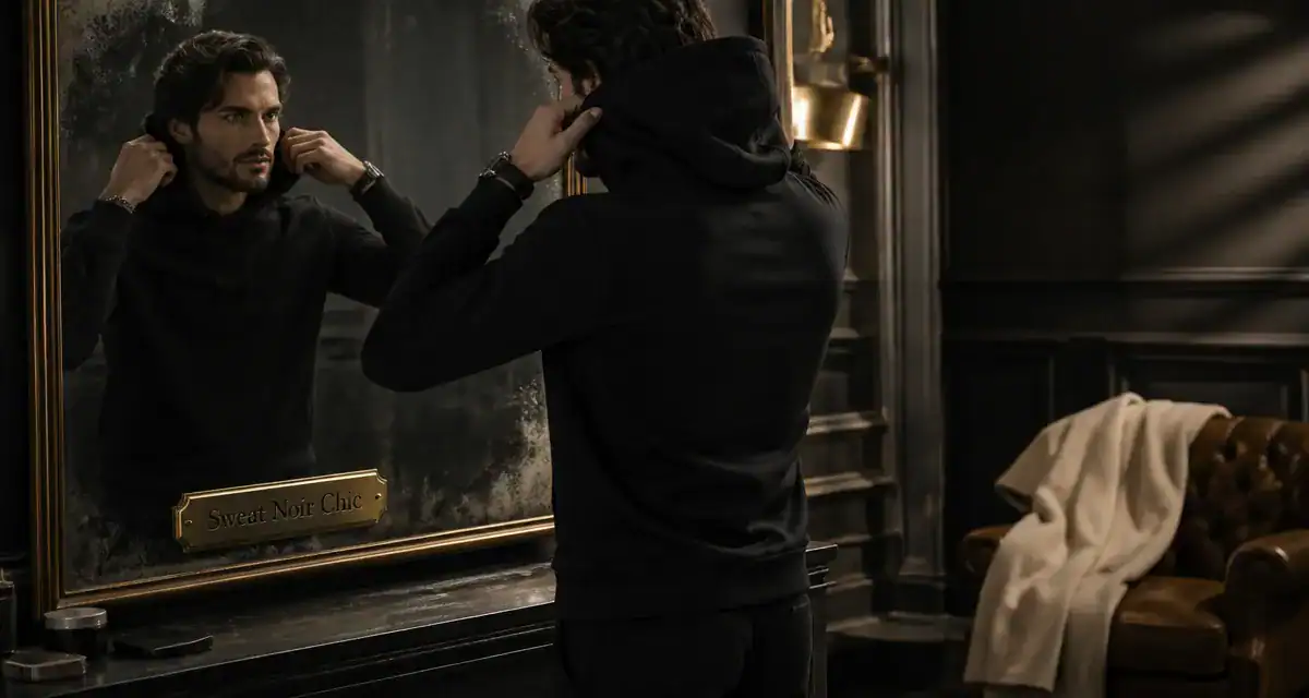 sweat a capuche noir homme devant miroir