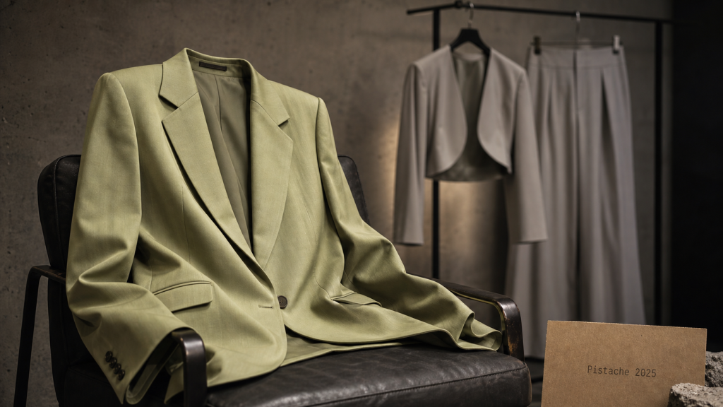 Tendance mode 2025 : blazer XL pistache en studio sur mur béton