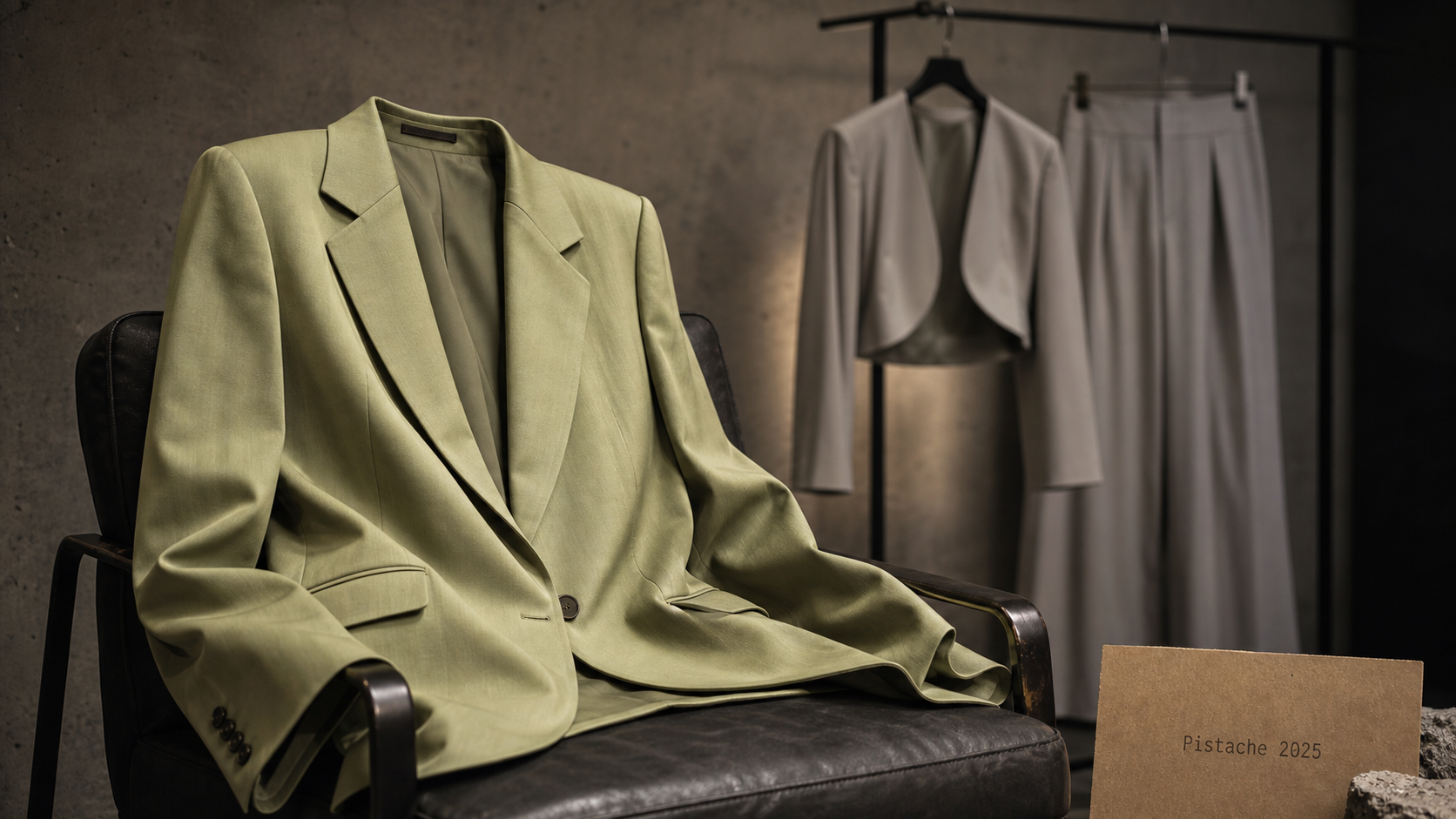 Tendance mode 2025 : blazer XL pistache en studio sur mur béton