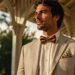 Tenue mariage homme été en lin beige et chemise coton-lin ivoire, nœud papillon bronze