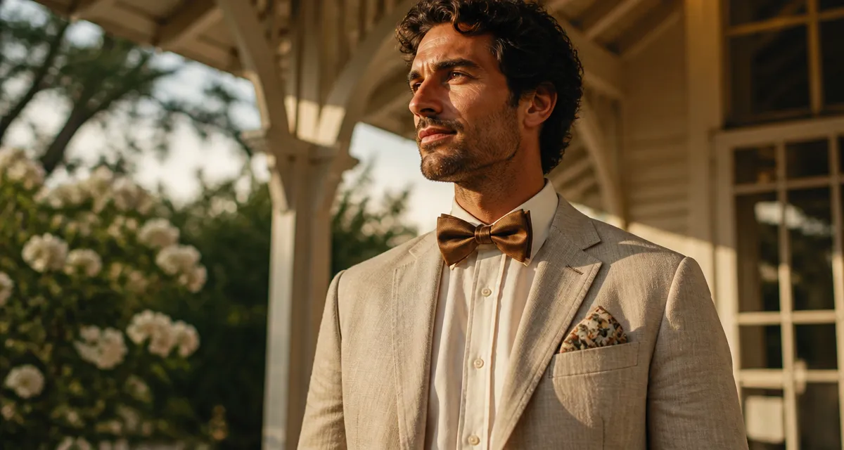 Tenue mariage homme été en lin beige et chemise coton-lin ivoire, nœud papillon bronze