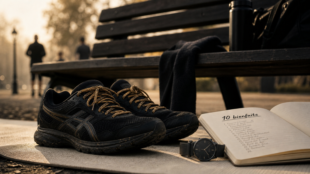 10 bienfaits de la course a pied : chaussures, montre, carnet, cœur, sommeil, moral