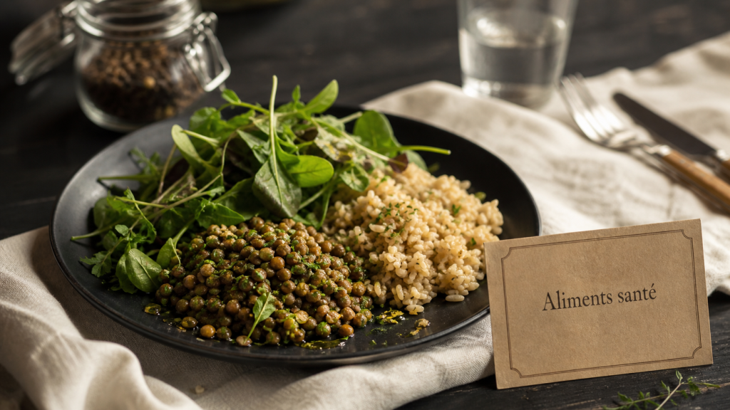 Aliment bon pour la santé : fibres et légumineuses (lentilles, salade, riz complet)
