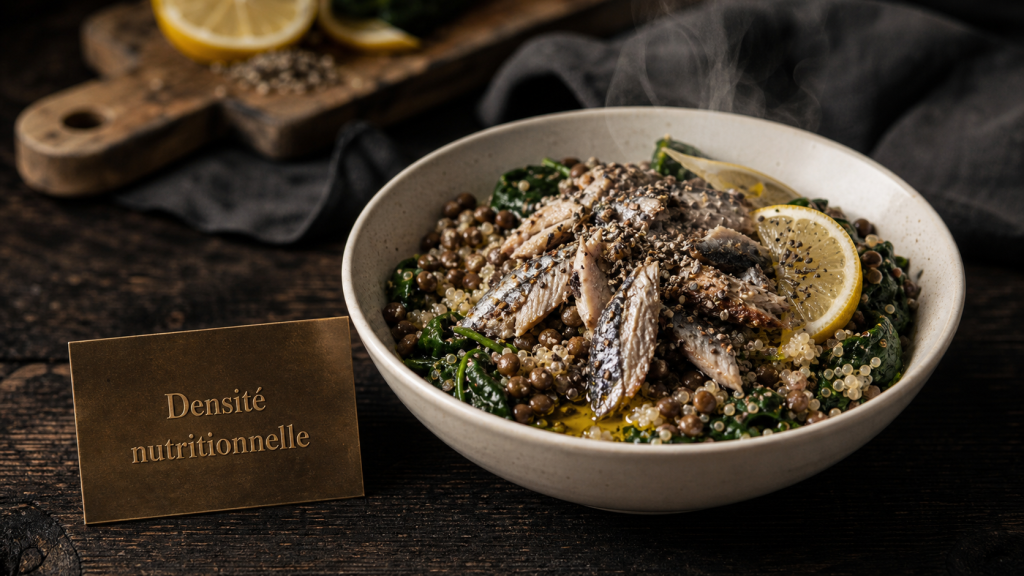 Aliment riche en nutriment : assiette dense et simple, lentilles, quinoa et sardines