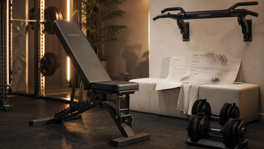 Home gym pour musculation : banc, cage et accessoires