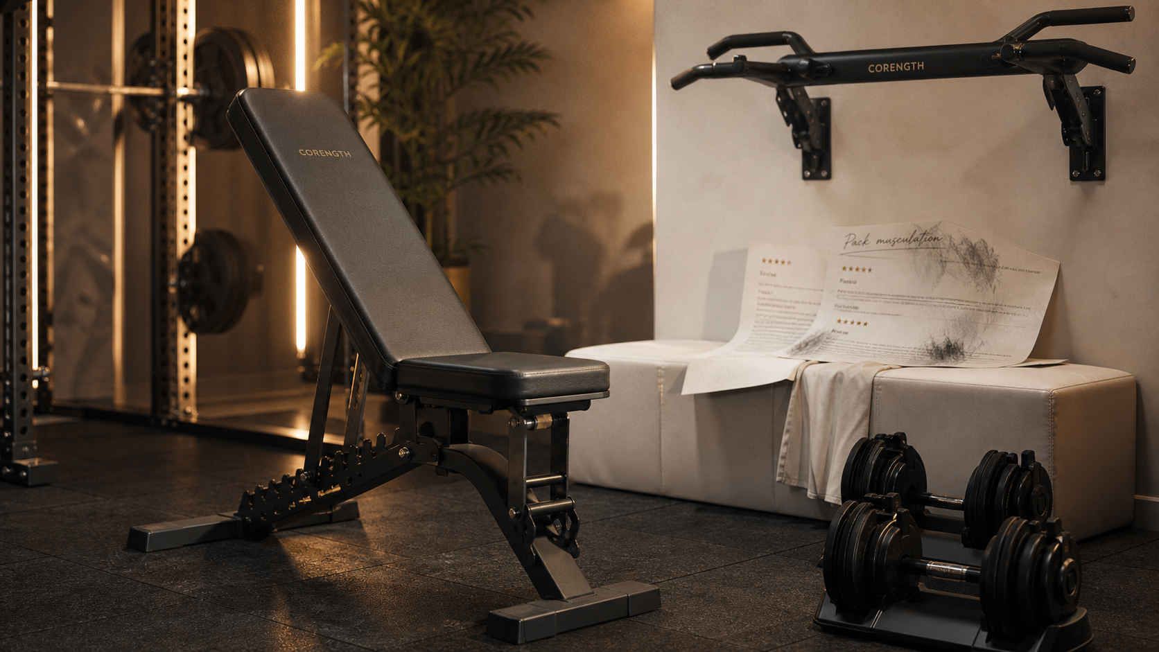 Home gym pour musculation : banc, cage et accessoires