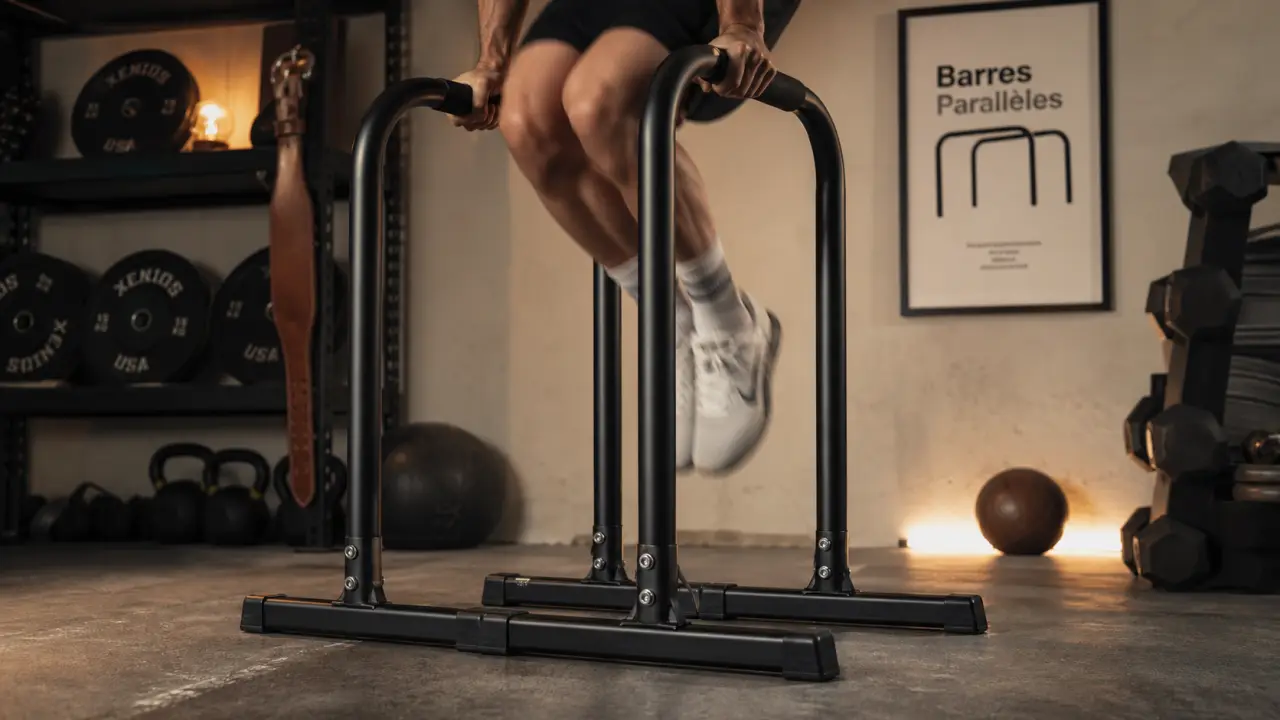 Bar de dips noir en home-gym : stabilité, largeur et charge à vérifier