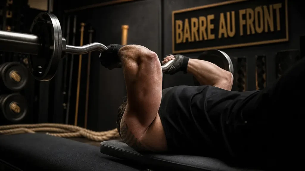 Barre au front : coudes bien placés en salle de musculation
