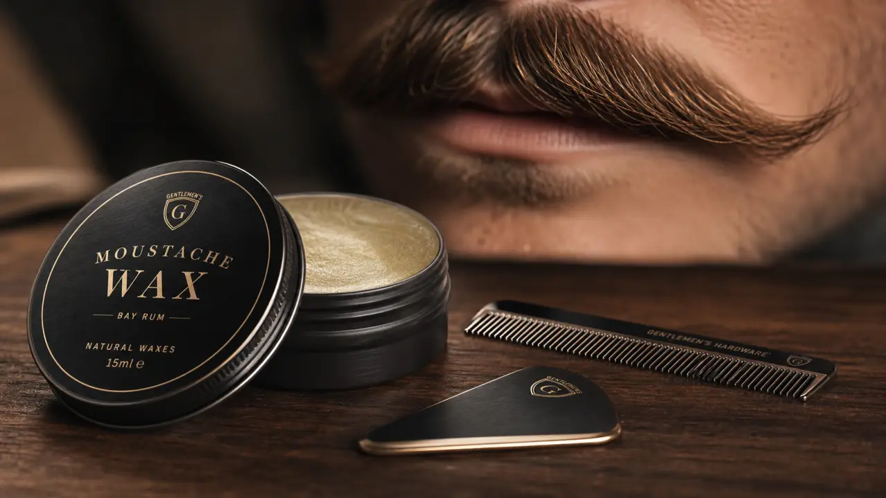 Cire a moustache : pot aluminium, peigne et moustache coiffée