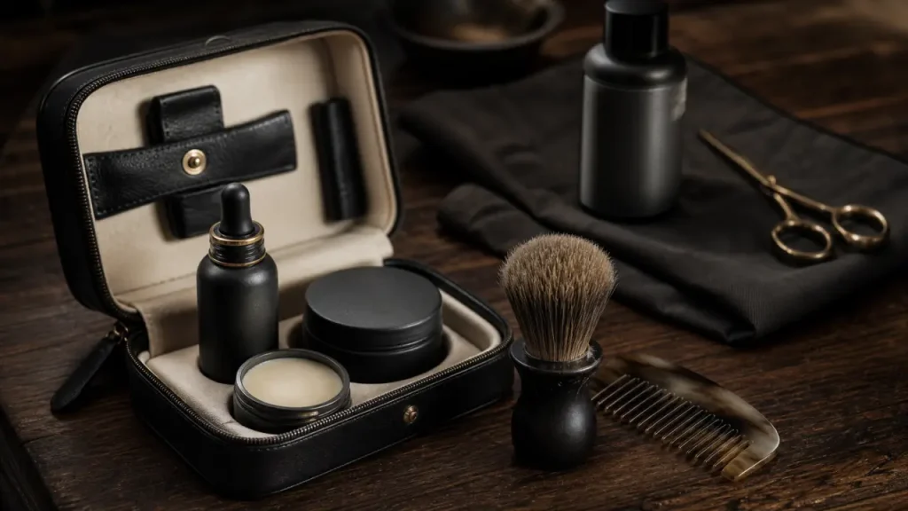 Coffret pour barbe en cuir noir, huile et accessoires