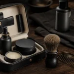 Coffret pour barbe en cuir noir, huile et accessoires