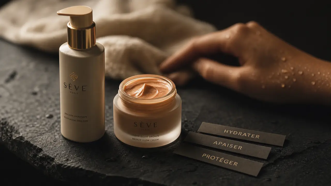 Dermocosmetique : soins ciblés hydratation et protection, flacon et crème sur fond noir