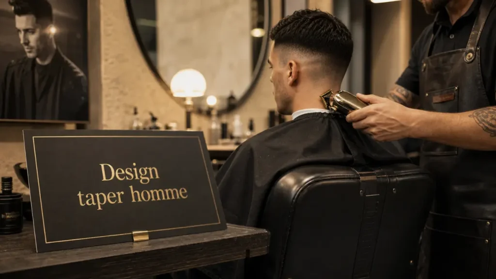 Design taper homme : fondu low mid high, tondeuse près de la nuque