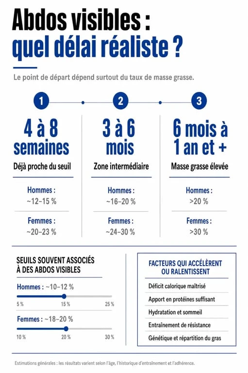 Combien de temps pour avoir des abdos : infographie des délais selon la masse grasse et les facteurs clés