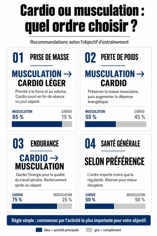 Infographie comparative : cardio avant ou après la musculation selon les objectifs sportifs
