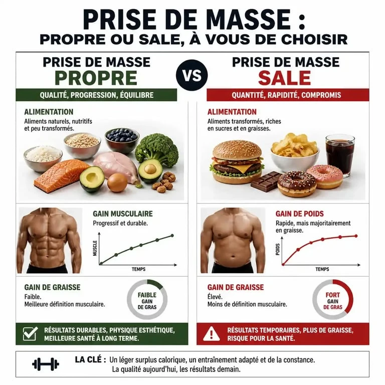Comparatif visuel entre la prise de masse propre et la prise de masse sale pour optimiser sa composition corporelle