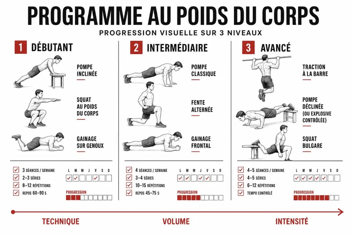 Programme musculation poids du corps : progression visuelle du débutant à l’avancé avec pompes, squats, gainage et tractions