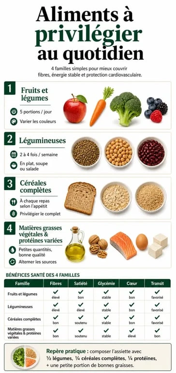 Aliment bon pour la santé : infographie des familles d’aliments à privilégier et de leurs bénéfices