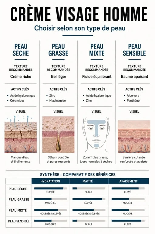 Infographie comparative pour choisir la meilleure crème visage homme selon son type de peau