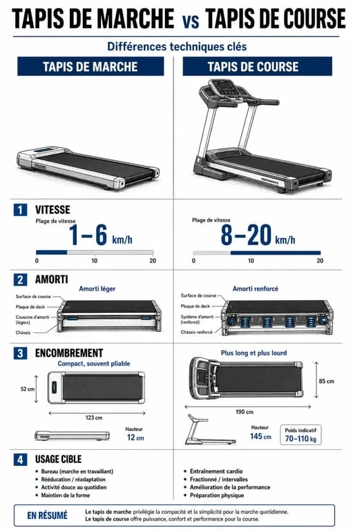 Infographie comparative : choisir entre un tapis de marche ou un tapis de course pour son entraînement à domicile