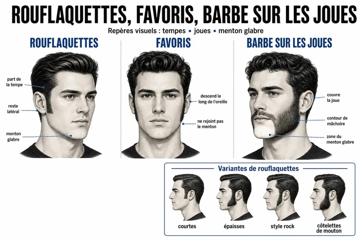 Rouflaquette barbe : comparaison visuelle entre rouflaquettes, favoris et barbe sur les joues