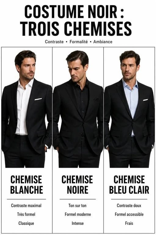 Comparatif chemise costume noir : chemise blanche, noire et bleu clair avec costume noir