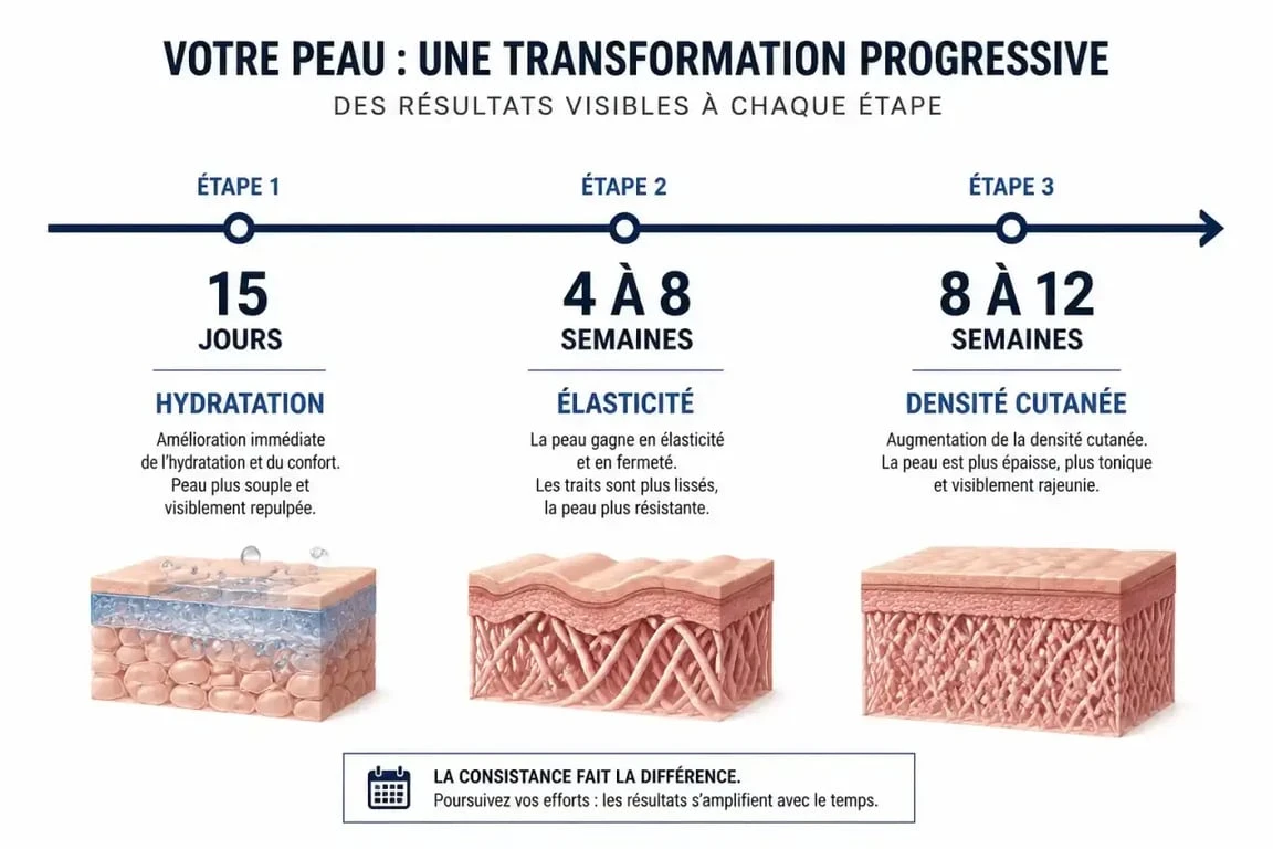 Infographie des étapes de progression d'une cure de collagène peau avant après