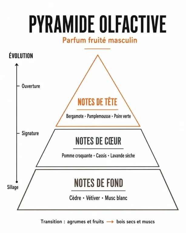 Pyramide olfactive d'un parfum fruité homme illustrant les notes de tête, de cœur et de fond.