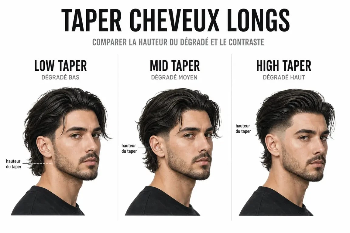 Comparatif taper cheveux longs : low taper, mid taper et high taper