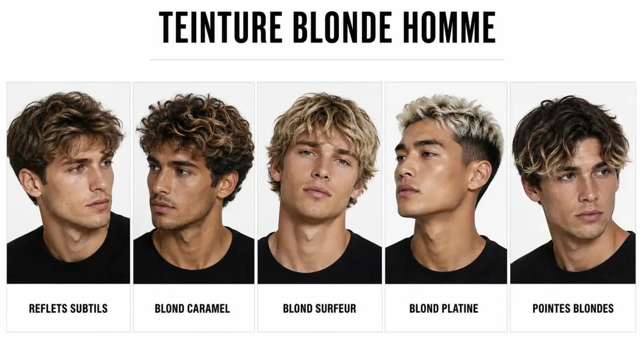 Teinture blonde pour homme : comparaison visuelle de plusieurs rendus, du naturel au platine