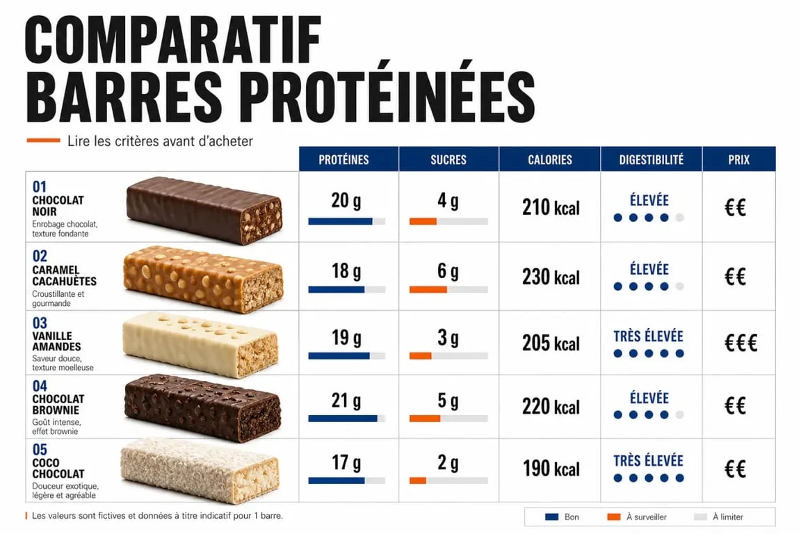 Comparatif des meilleures barres protéinées avec critères protéines, sucres, calories et prix