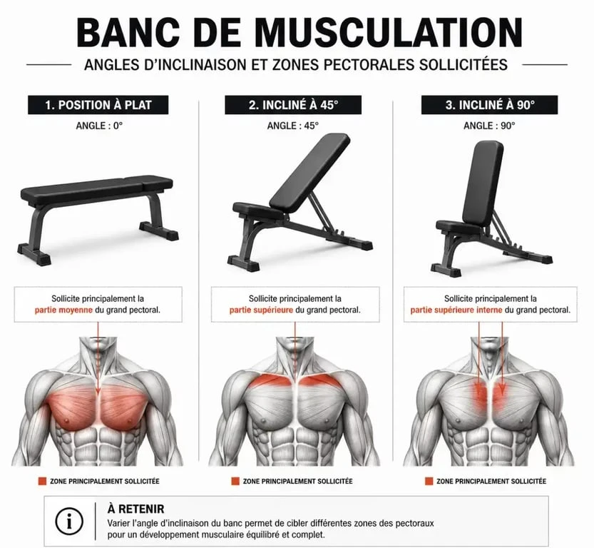 Schéma des positions d'un banc incliné pour musculation et sollicitation musculaire